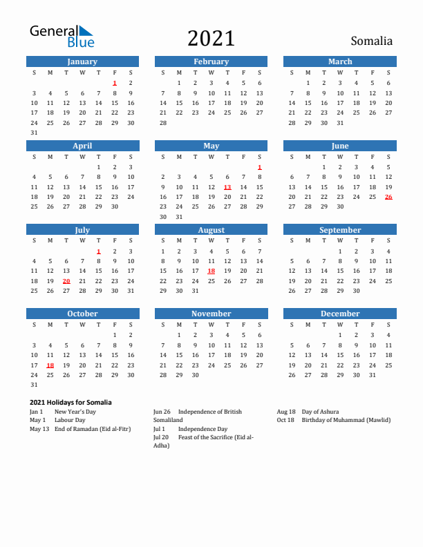 Somalia 2021 Calendar with Holidays