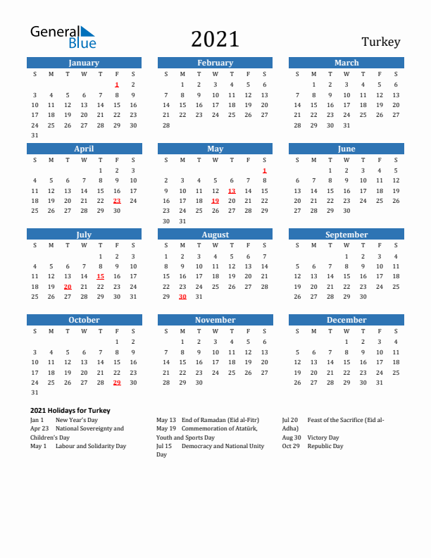 Turkey 2021 Calendar with Holidays