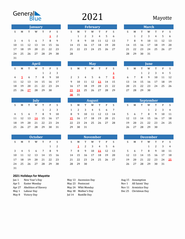 Mayotte 2021 Calendar with Holidays