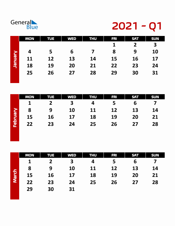 Editable Quarterly Calendar (Monday Start)