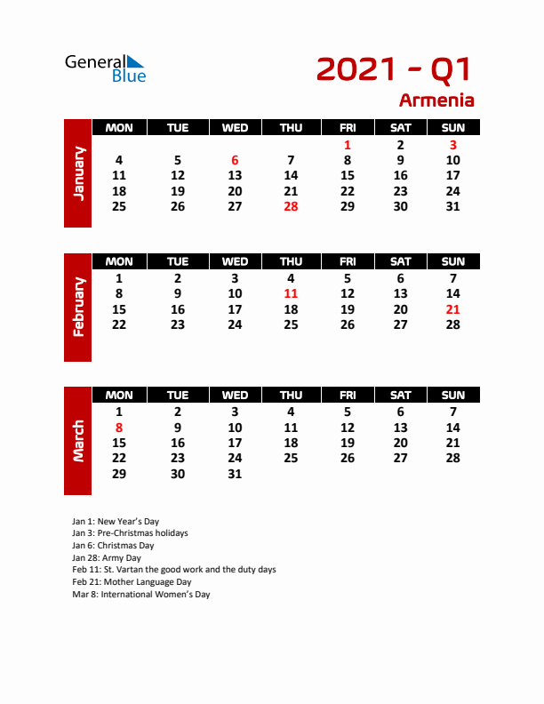 Q1 2021 Calendar with Holidays in Armenia