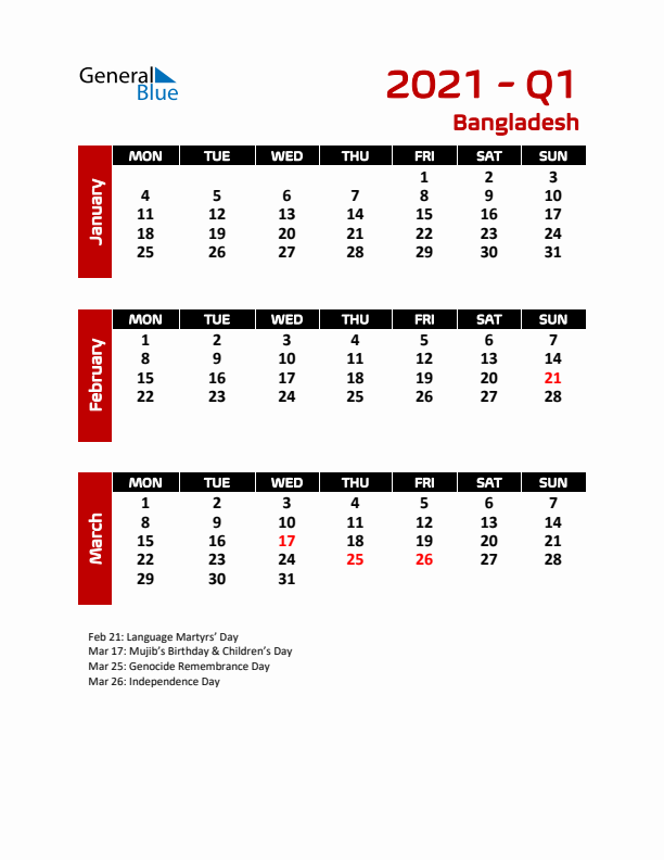 Q1 2021 Calendar with Holidays in Bangladesh