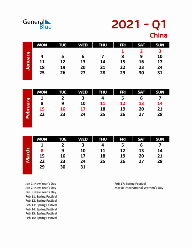 Q1 2021 Calendar with Holidays in China