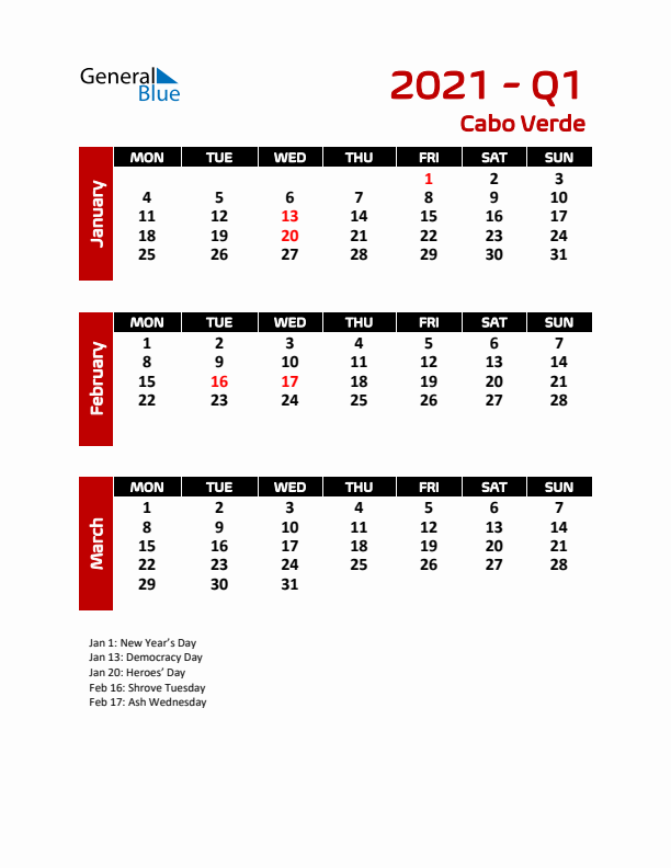 Q1 2021 Calendar with Holidays in Cabo Verde