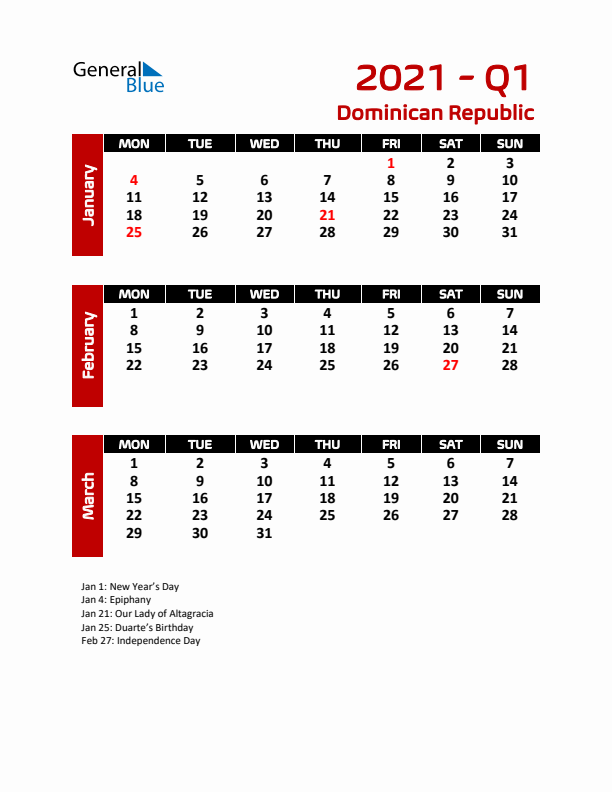 Q1 2021 Calendar with Holidays in Dominican Republic