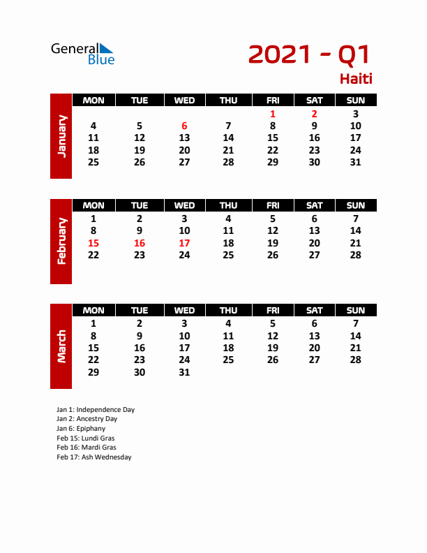 Q1 2021 Calendar with Holidays in Haiti