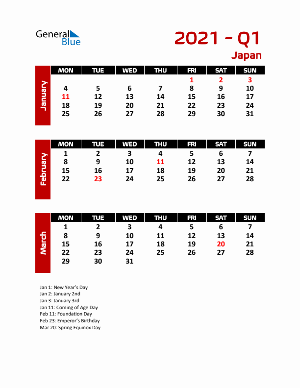 Q1 2021 Calendar with Holidays in Japan