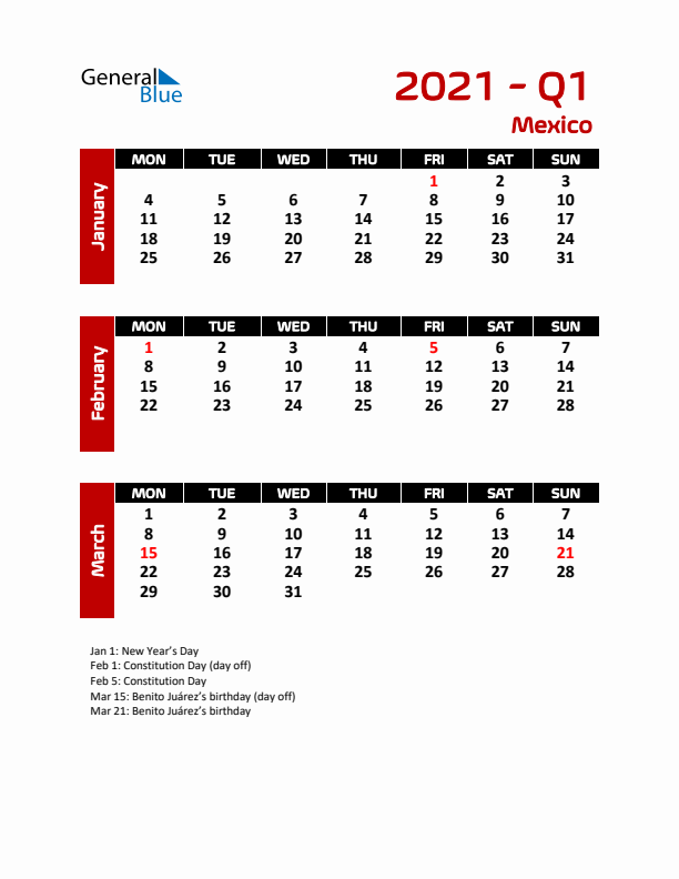 Q1 2021 Calendar with Holidays in Mexico