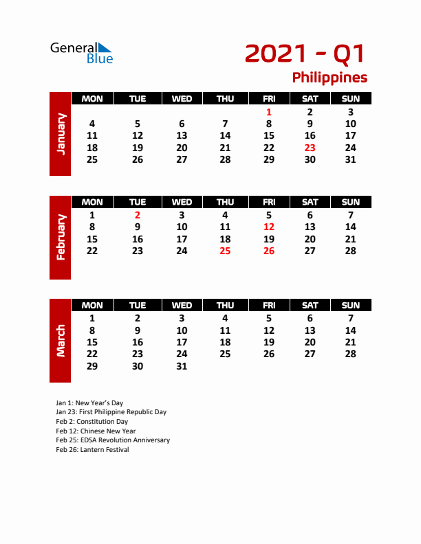 Q1 2021 Calendar with Holidays in Philippines