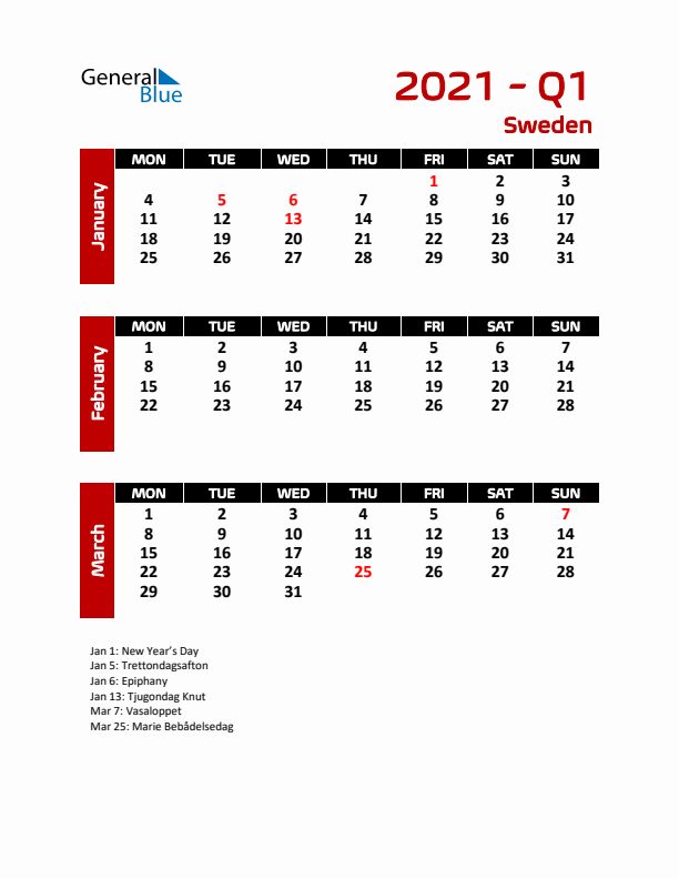 Q1 2021 Calendar with Holidays in Sweden