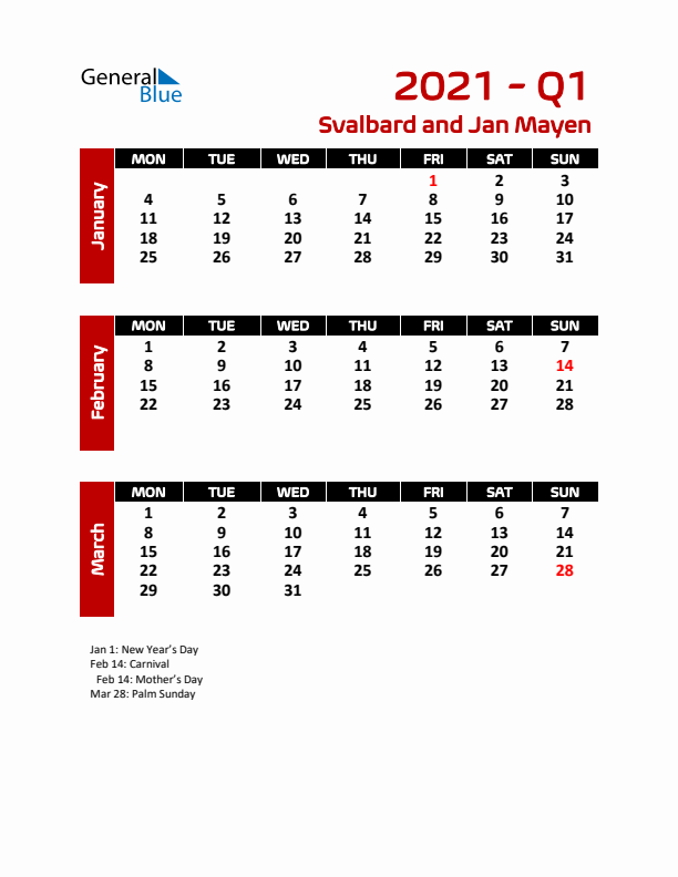 Q1 2021 Calendar with Holidays in Svalbard and Jan Mayen