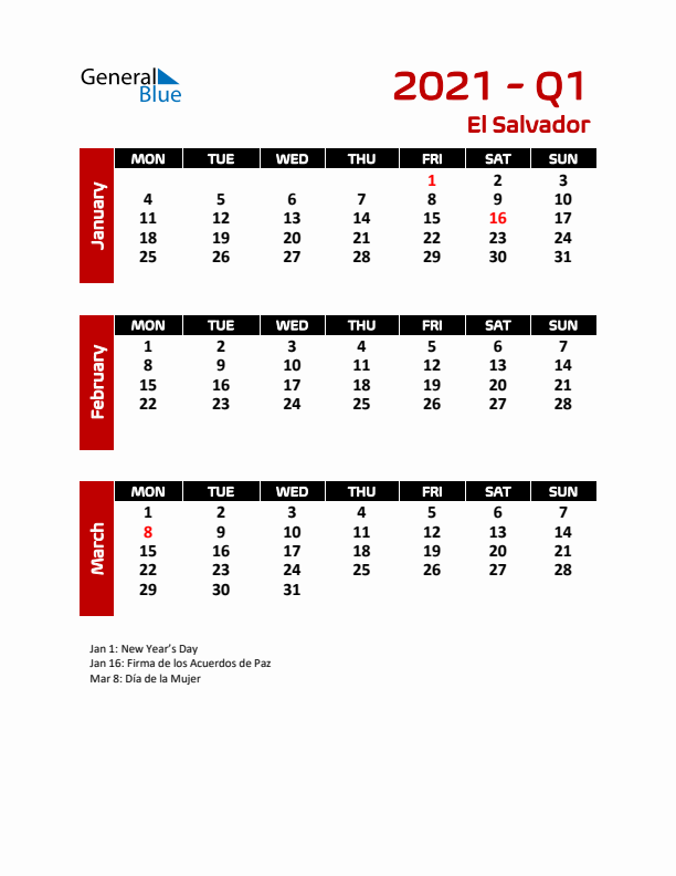 Q1 2021 Calendar with Holidays in El Salvador