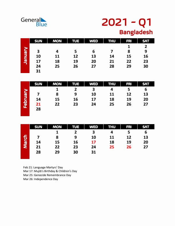 Q1 2021 Calendar with Holidays in Bangladesh