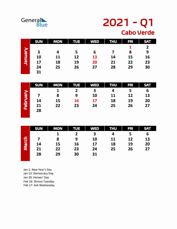 Q1 2021 Calendar with Holidays in Cabo Verde