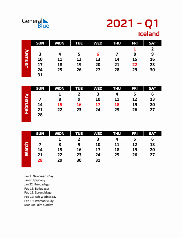 Q1 2021 Calendar with Holidays in Iceland