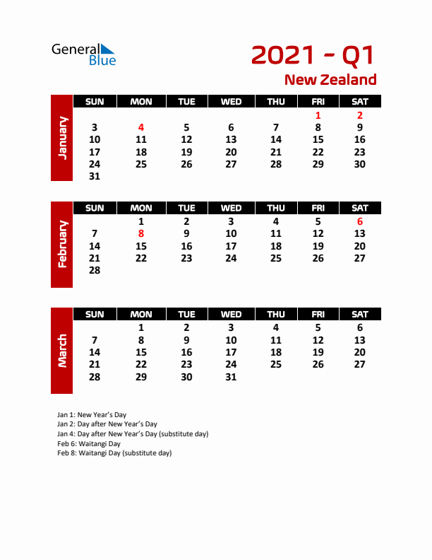 Q1 2021 Calendar with Holidays in New Zealand