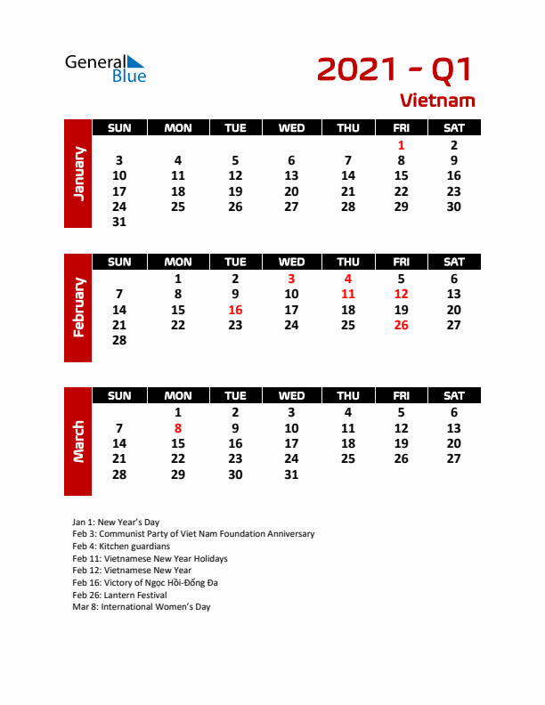 Q1 2021 Calendar with Holidays in Vietnam