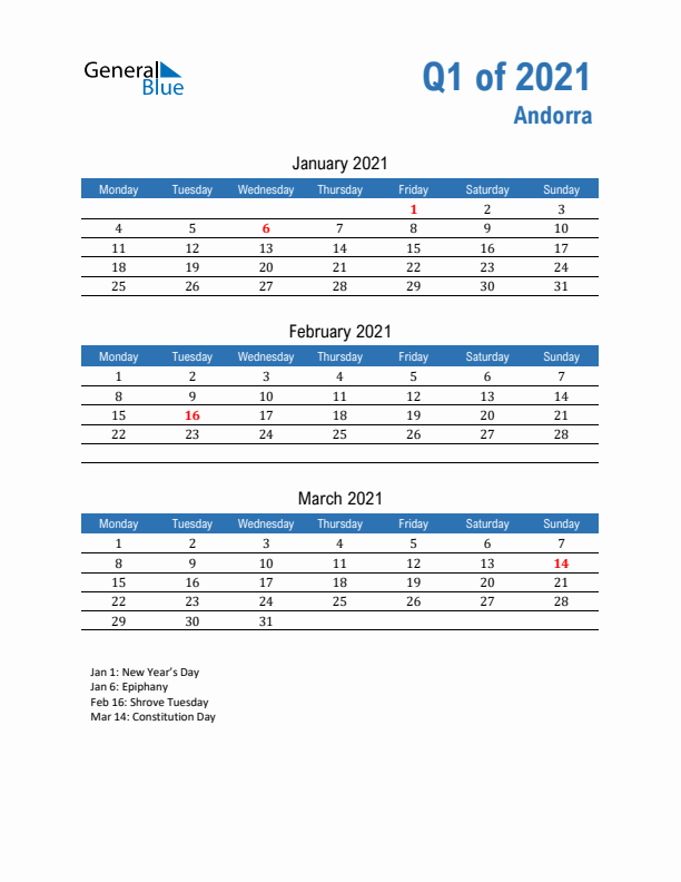 Andorra Q1 2021 Quarterly Calendar with Monday Start