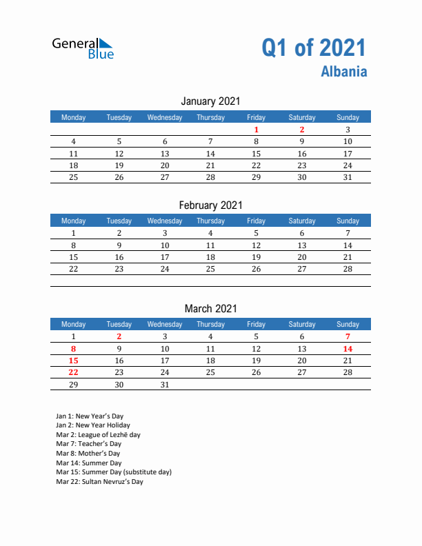 Albania Q1 2021 Quarterly Calendar with Monday Start