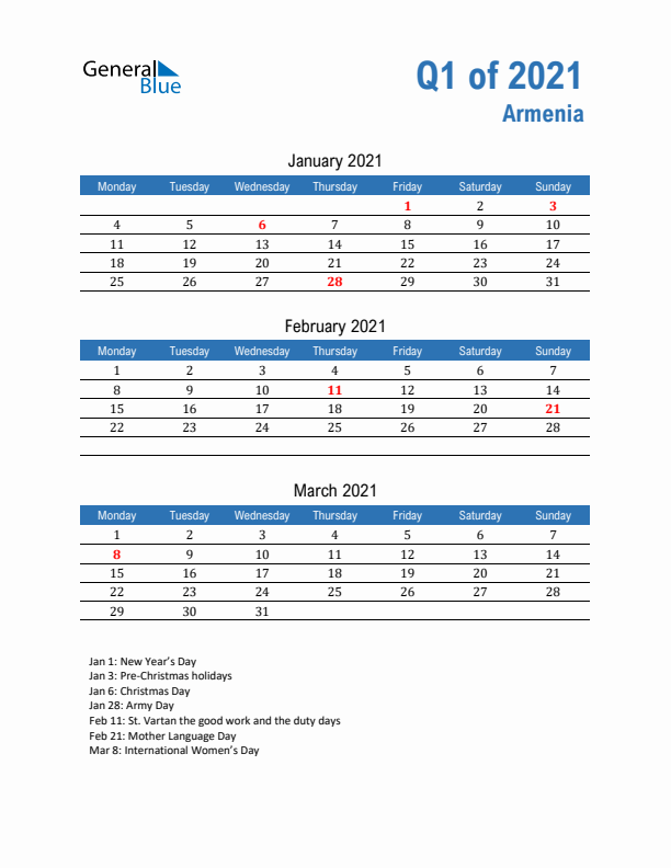 Armenia Q1 2021 Quarterly Calendar with Monday Start