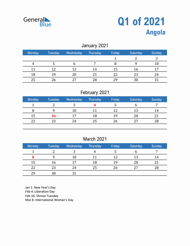 Angola Q1 2021 Quarterly Calendar with Monday Start