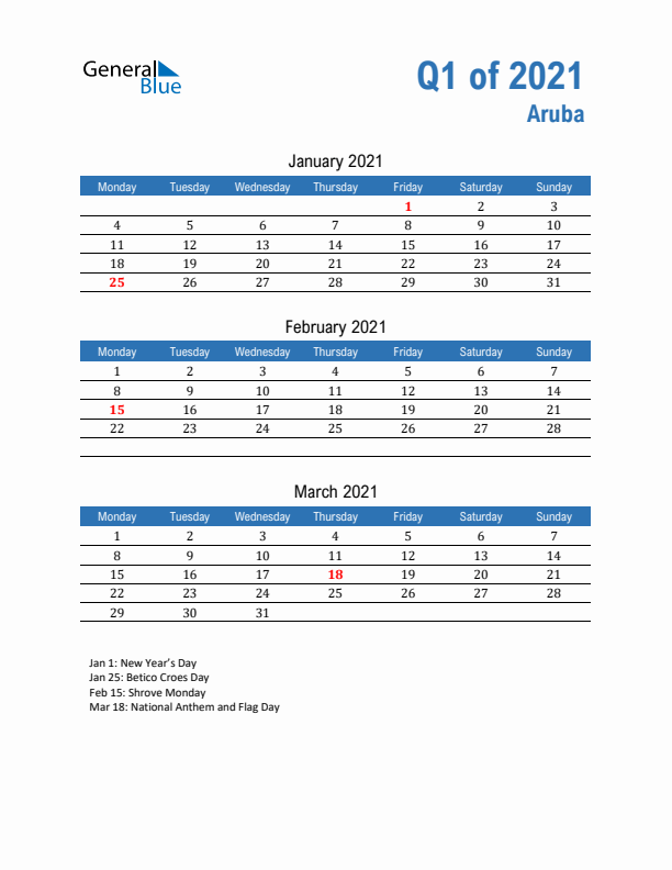 Aruba Q1 2021 Quarterly Calendar with Monday Start