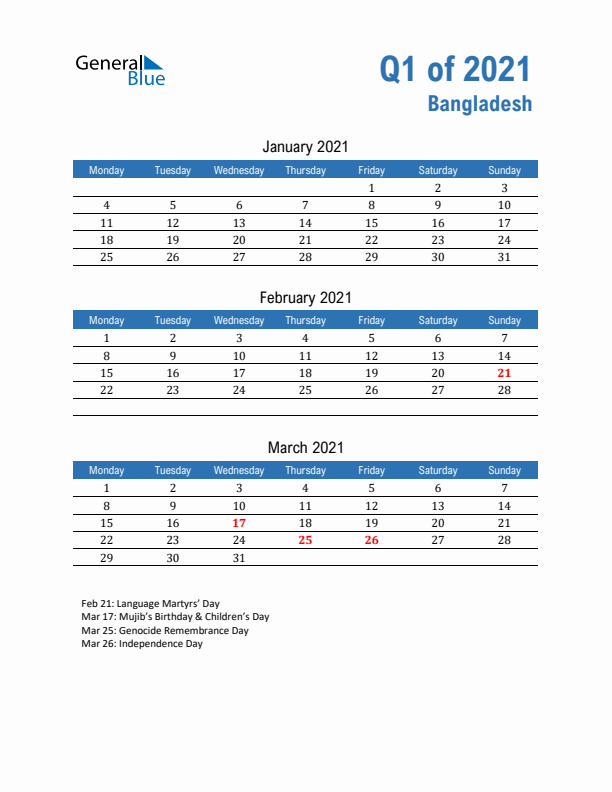 Bangladesh Q1 2021 Quarterly Calendar with Monday Start