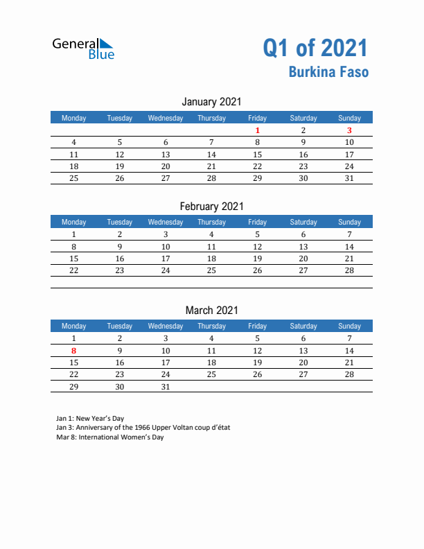 Burkina Faso Q1 2021 Quarterly Calendar with Monday Start