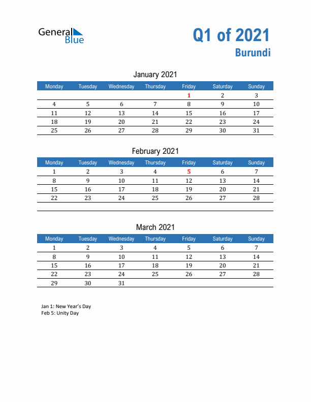 Burundi Q1 2021 Quarterly Calendar with Monday Start