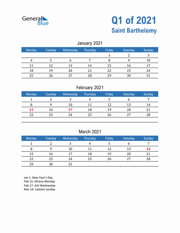 Saint Barthelemy Q1 2021 Quarterly Calendar with Monday Start