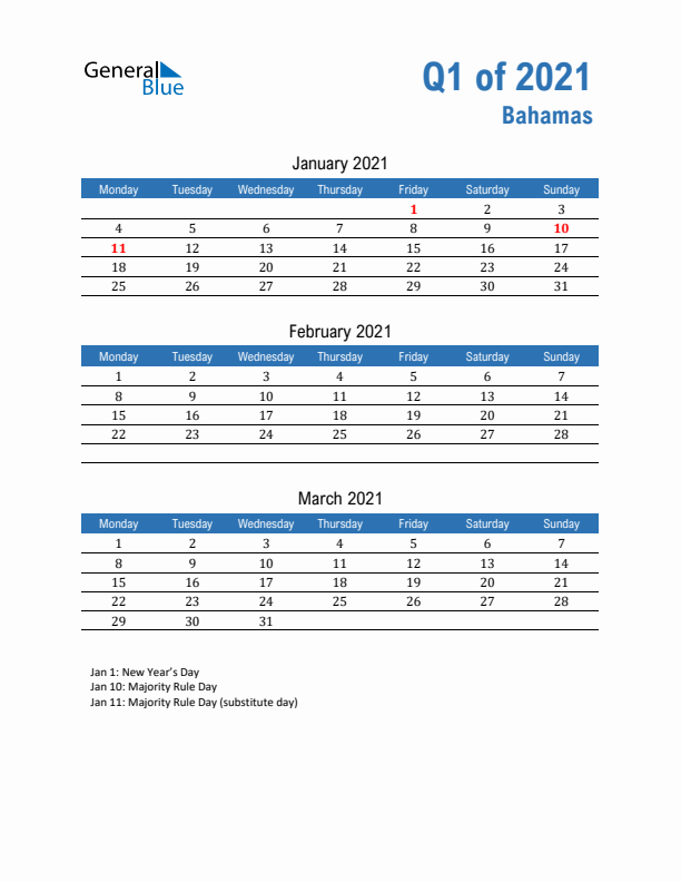 Bahamas Q1 2021 Quarterly Calendar with Monday Start