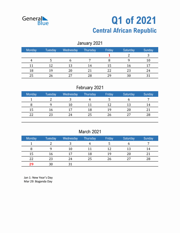 Central African Republic Q1 2021 Quarterly Calendar with Monday Start