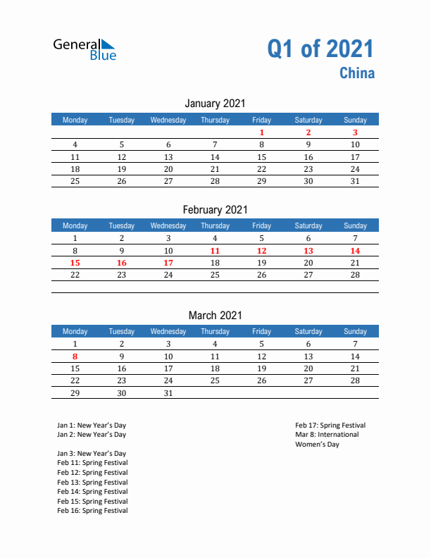 China Q1 2021 Quarterly Calendar with Monday Start