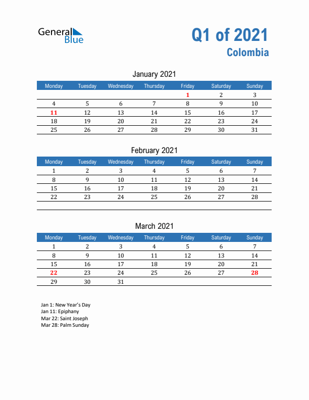 Colombia Q1 2021 Quarterly Calendar with Monday Start