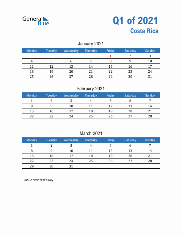 Costa Rica Q1 2021 Quarterly Calendar with Monday Start