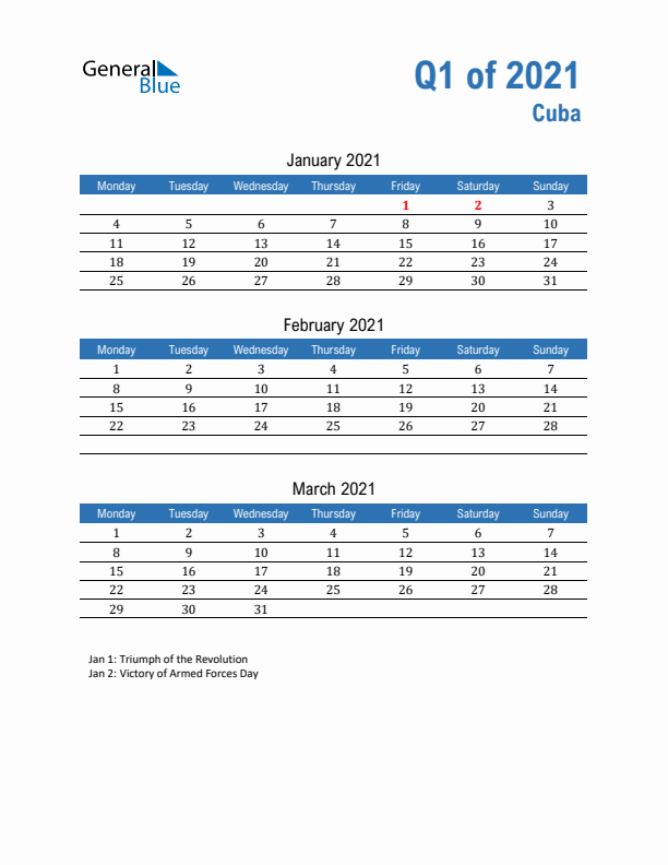 Cuba Q1 2021 Quarterly Calendar with Monday Start