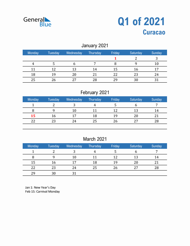 Curacao Q1 2021 Quarterly Calendar with Monday Start