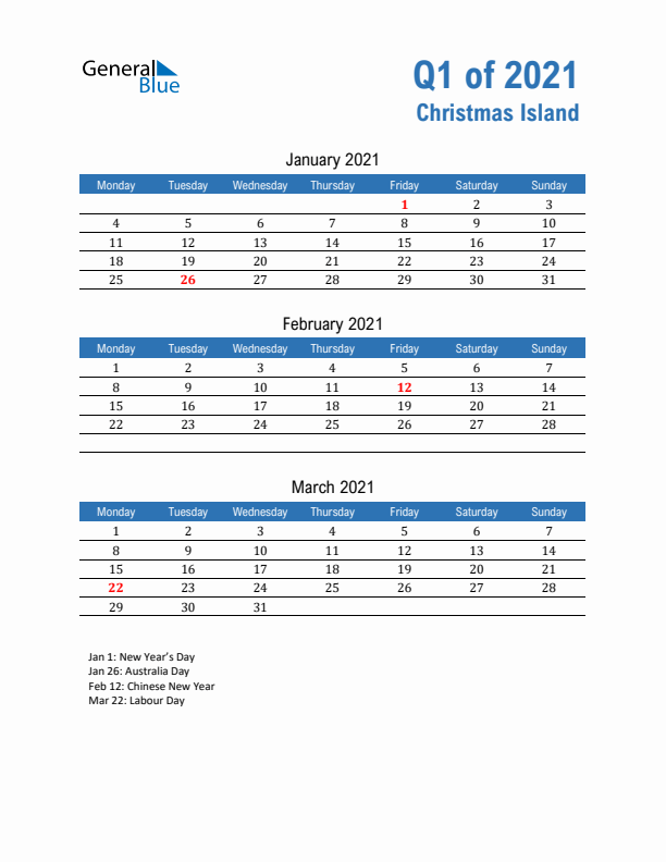 Christmas Island Q1 2021 Quarterly Calendar with Monday Start