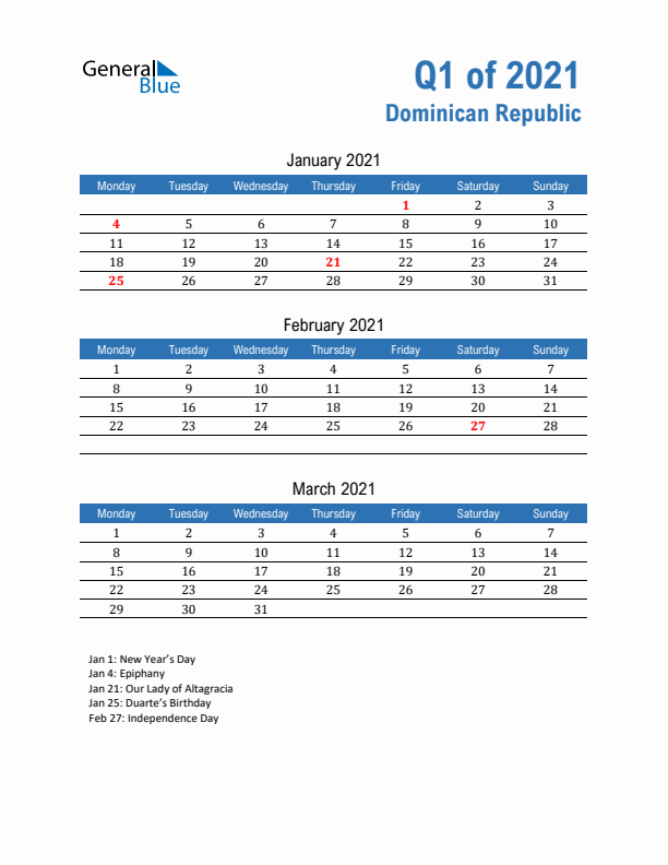 Dominican Republic Q1 2021 Quarterly Calendar with Monday Start