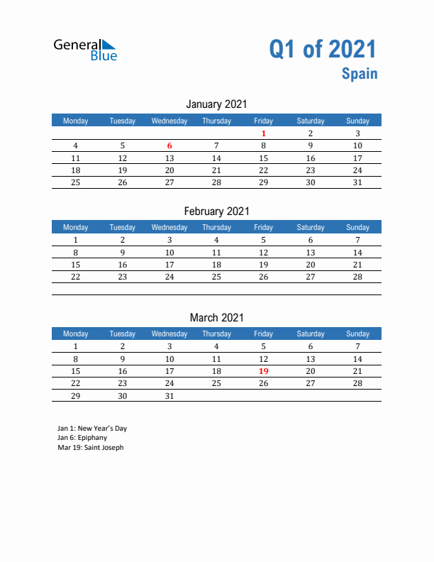 Spain Q1 2021 Quarterly Calendar with Monday Start