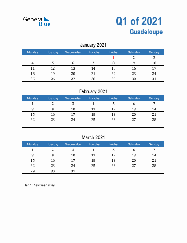 Guadeloupe Q1 2021 Quarterly Calendar with Monday Start