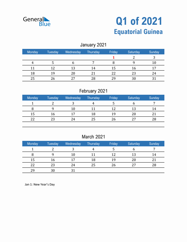 Equatorial Guinea Q1 2021 Quarterly Calendar with Monday Start