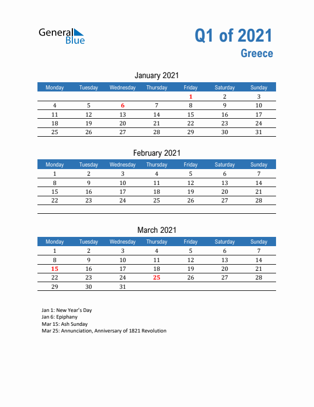 Greece Q1 2021 Quarterly Calendar with Monday Start