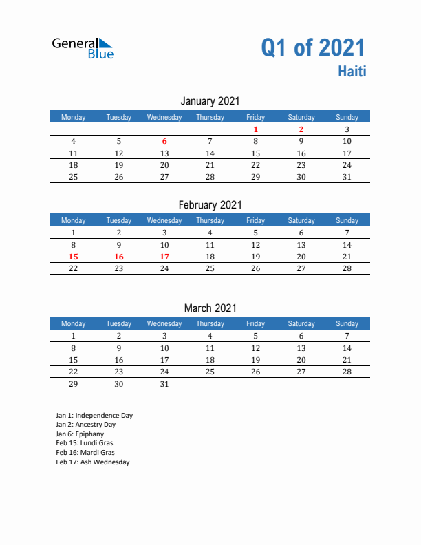 Haiti Q1 2021 Quarterly Calendar with Monday Start