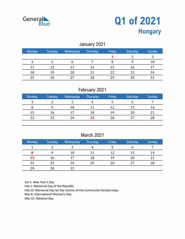 Hungary Q1 2021 Quarterly Calendar with Monday Start