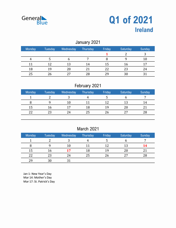 Ireland Q1 2021 Quarterly Calendar with Monday Start