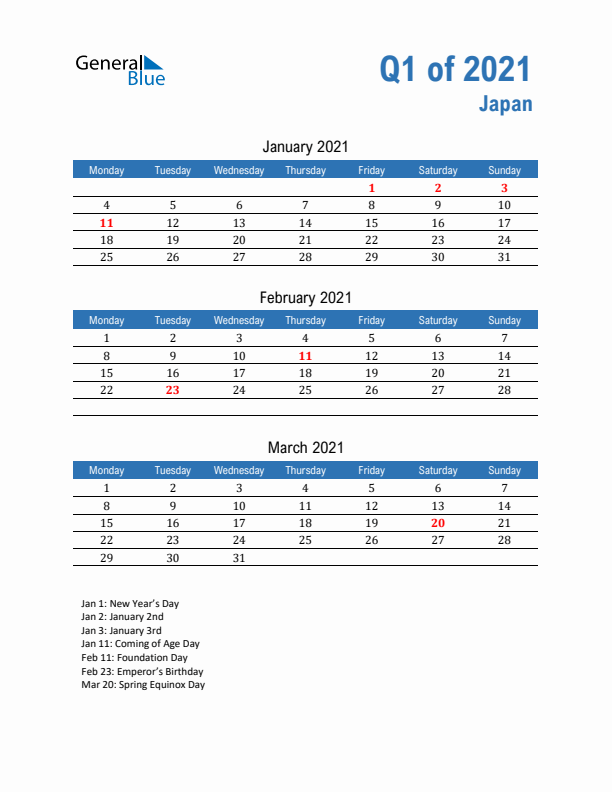 Japan Q1 2021 Quarterly Calendar with Monday Start