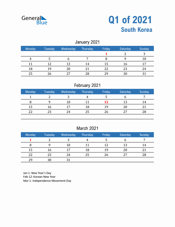 South Korea Q1 2021 Quarterly Calendar with Monday Start