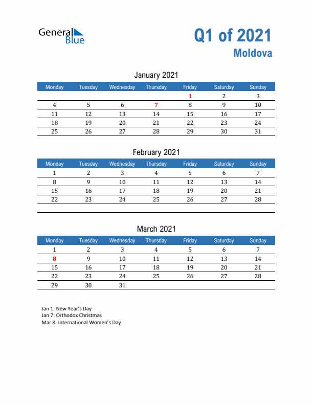 Moldova Q1 2021 Quarterly Calendar with Monday Start