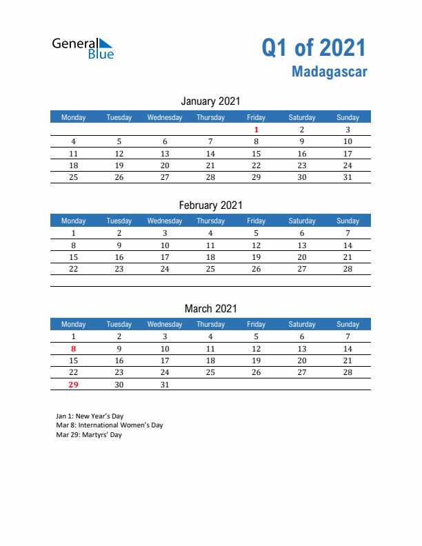 Madagascar Q1 2021 Quarterly Calendar with Monday Start